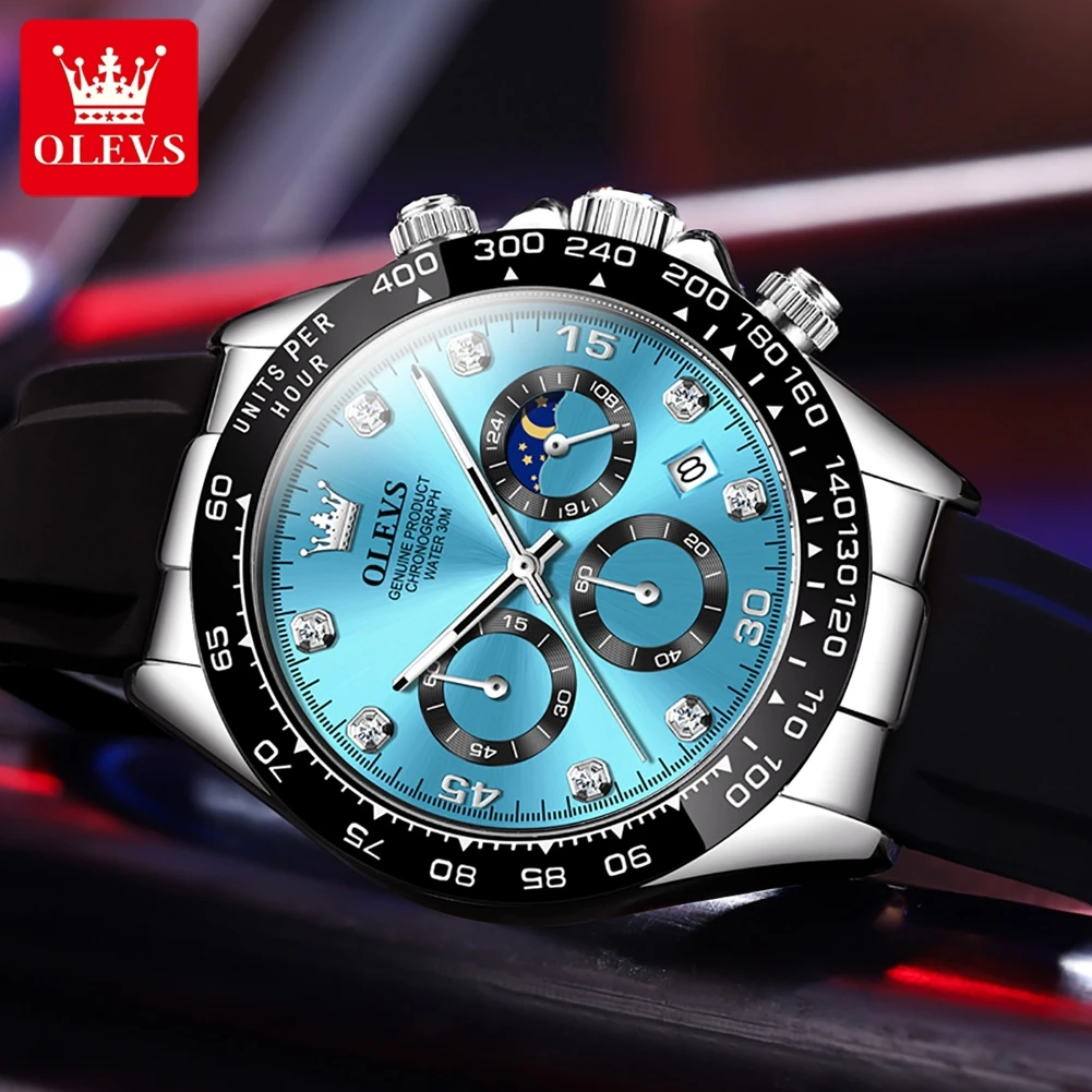 OLEVS Watches for Men Chronograph Analog Quartz Watch Moon Phase Silicone Diamond Waterproof Luminous Watches Relogio Masculino