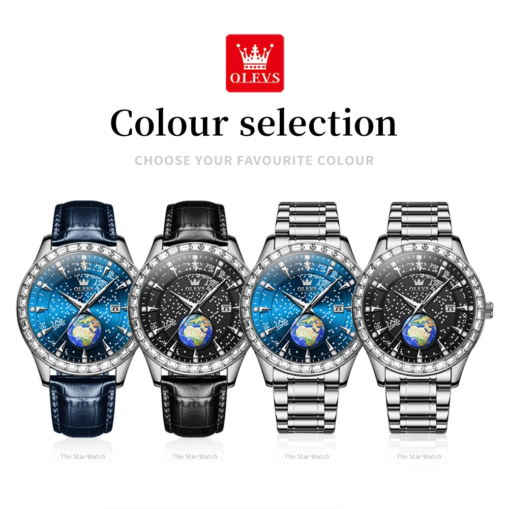 OLEVS Quartz Watch for Men Luxury Starry Sky Globe Dial Calendar Stainless Steel Waterproof HD Luminous Fashion Men's Wristwatch