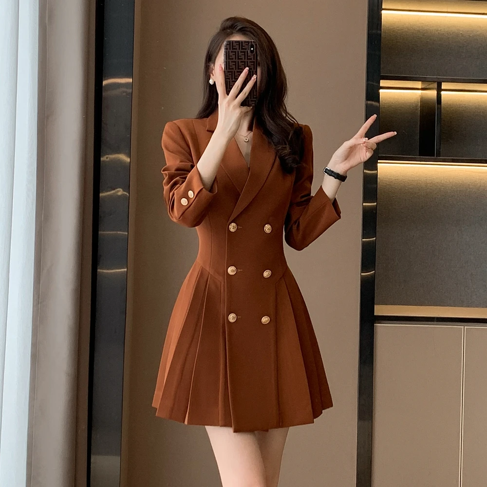 Autumn Winter  Korean Women Black Trench Blazer Coat  Elegant Double Breasted Lengthened Khaki Jacket Lapel Windbreaker Female