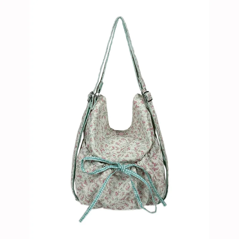 Pink Floral Bow Backpack For Women 2025 New Korean Style Large Capacity Pleated Shoulder Bag, Commuting Bucket Bag
