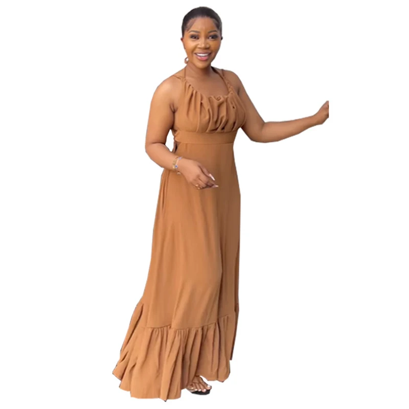 African Maxi Dress Women Lace Up Halter Backless High Waist Robe Summer New Solid Ruffle Splice Sexy Beach Holiday African Dress