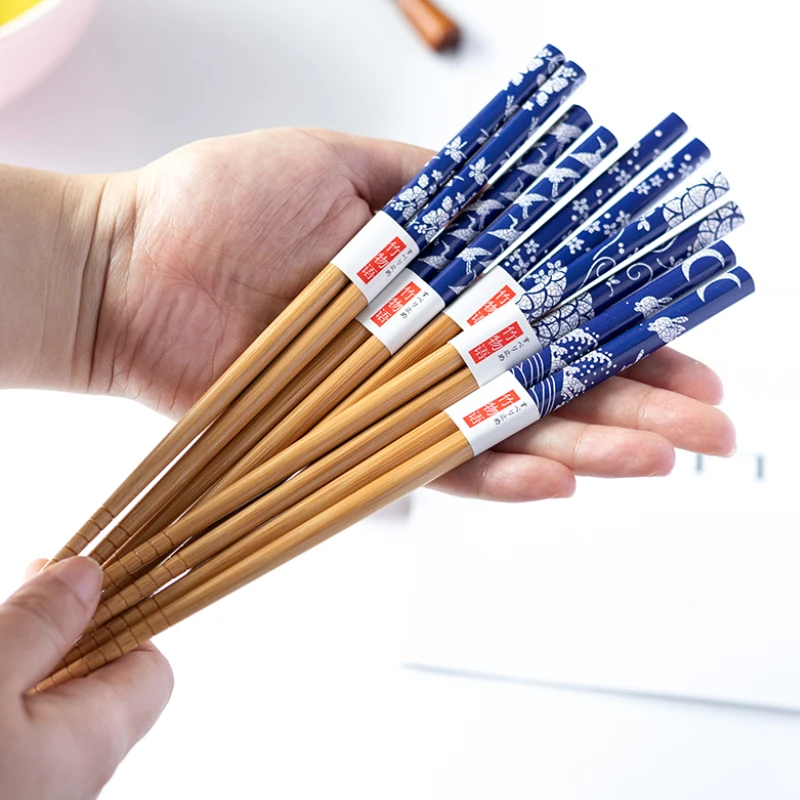 

1/5 Pair Blue Reusable Handmade Kids Adult Chopstick Bamboo Japanese Natural Wood Chopsticks Sushi Food Chop Sticks Tableware