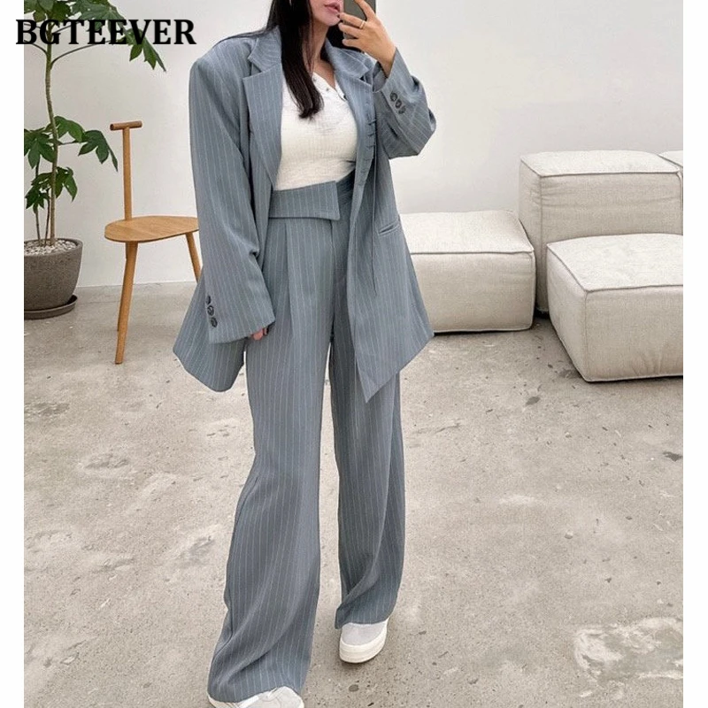 

BGTEEVER Spring Fashion Loose Female Striped Pant Suits Long Sleeve Single Button Jackets & Wide Leg Trousers Women 2 Pieces Set