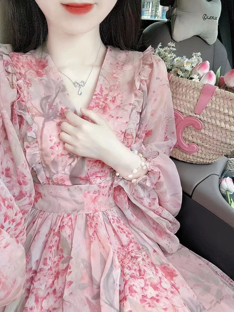 Jielur – robe Vintage en mousseline de soie pour femme, vêtement imprimé, manches longues, col en v, rose, Style coréen, nouvelle collection été