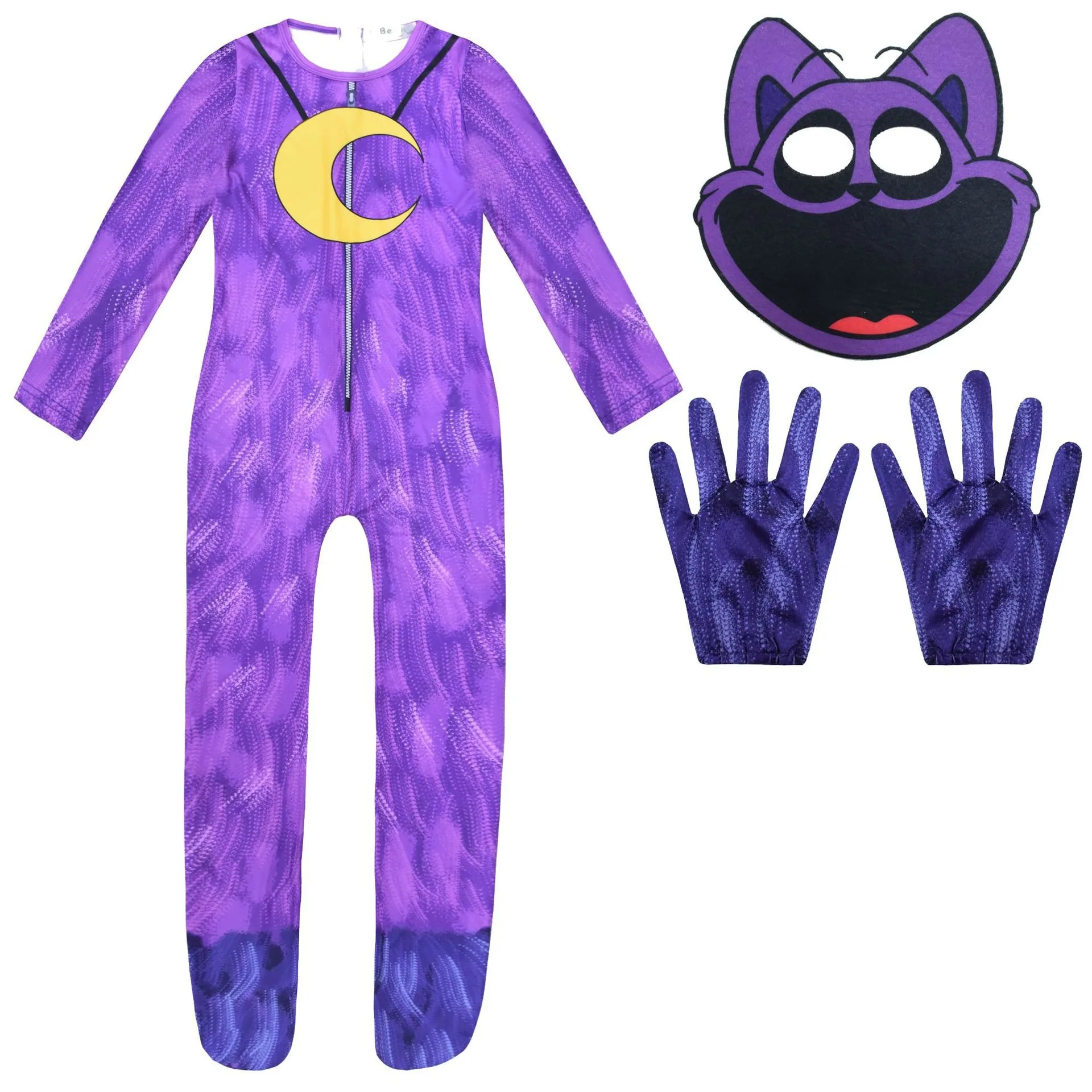 thumbnail image 1 of Disfraz de cosplay de S-Smiling C-Critters, gato morado sonriente, mono con máscara de oso para el día de los perros, conjunto de pijama para niños y niñas, disfraz de Halloween, 1 of 5