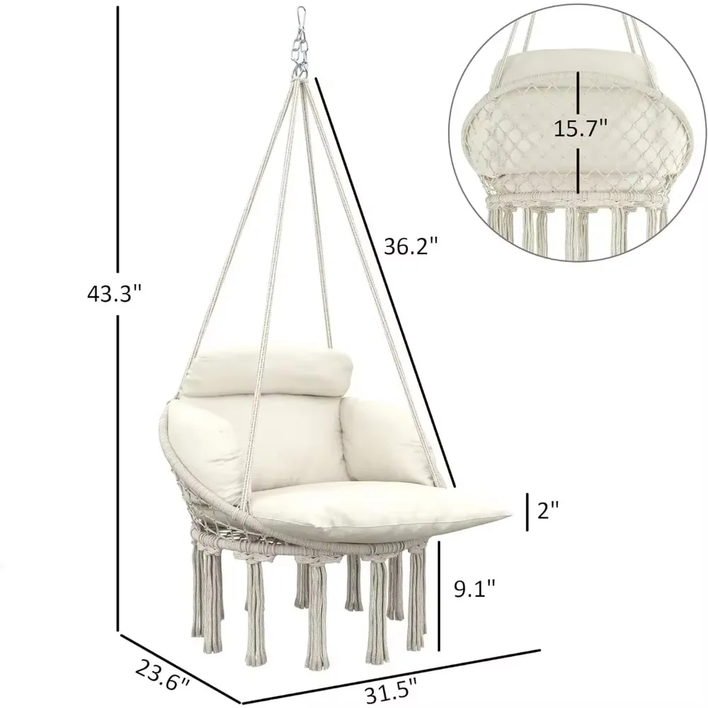 Hammock Swing Chair, Outdoor Hanging Chair with Large Cushion, Cotton Rope Weaving Macrame Swing with Chain 4
