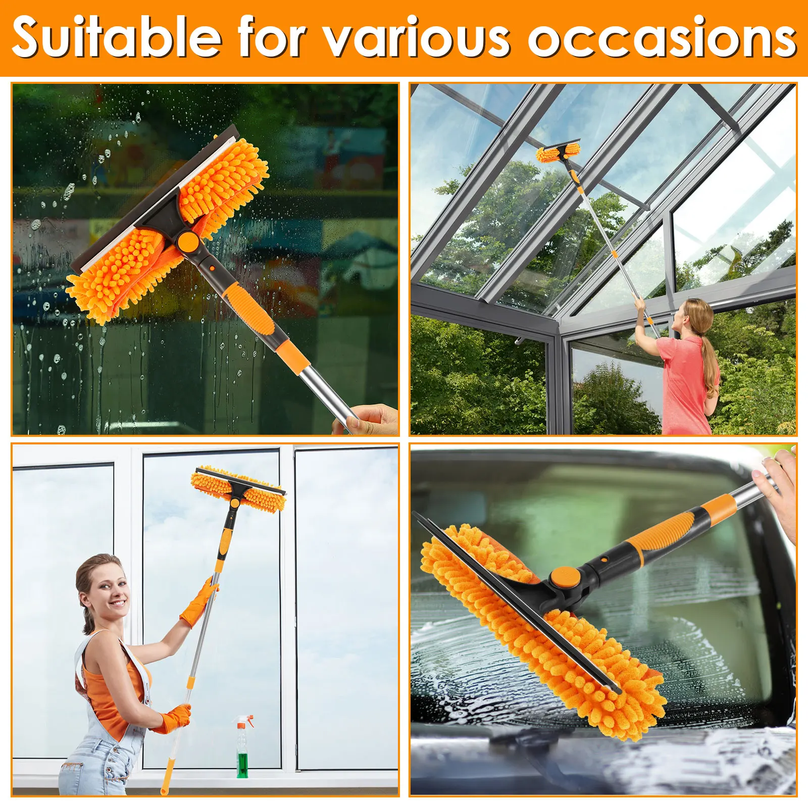 New 190CM Extended Window Cleaning Kit 2 in 1 Double Sided Glass Squeegee Cleaner Duster Mop 180° Swivel Window Cleaning Tools