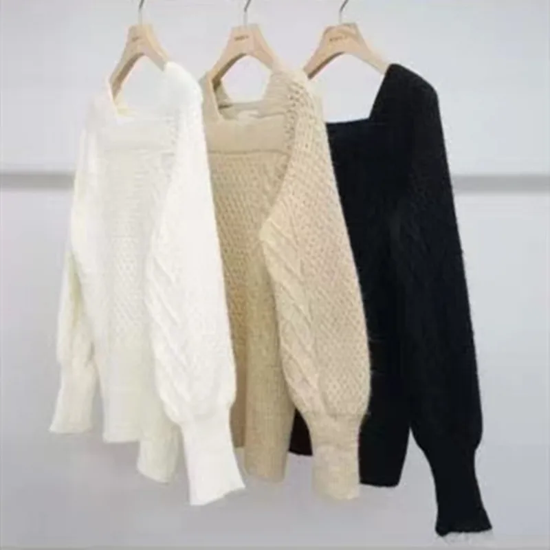 New Women's Lantern Sleeve Knitted Long Sleeve Sweater Fashion Square Neck Casual Loose Women's Solid Color Sweater
