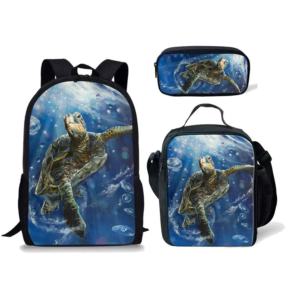 Popular Novelty Trendy Turtle Pattern 3pcs/Set Backpack 3D Print Student Bookbag Travel Laptop Daypack Lunch Bags Pencil Case