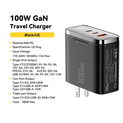 Essager 100W GaN USB - C Charger with Digital Display & Fast Charging Capability - 100W  US Black A 2C