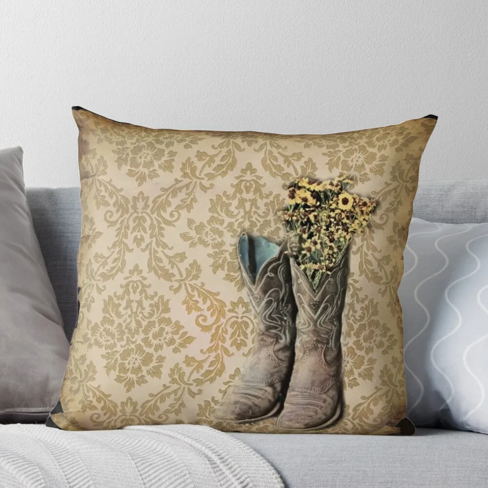 

primitive Wildflower brown damask western country cowboy boots Throw Pillow Pillow Decor Sofa Cushions Anime