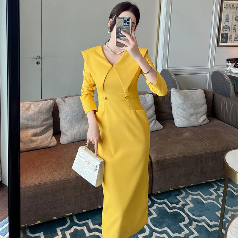 

Autumn and winter 2023 new women's French doll collar age reduction slim hip long-sleeved dress long 50552