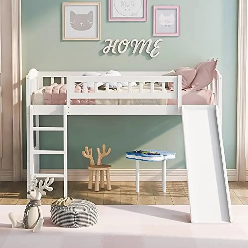 Kids Twin Loft Bed with Slide and Ladder White Pine Wood Low Loft Bed Boys and Girls Pet Friendly Sturdy Construction Modern 3
