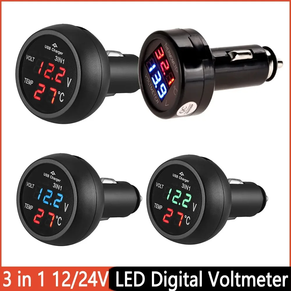 Red Blue LED Display LED Car Voltmeter Thermometer Auto Car 12V/24V Temperature Meter Voltmeter Cigarette Lighter