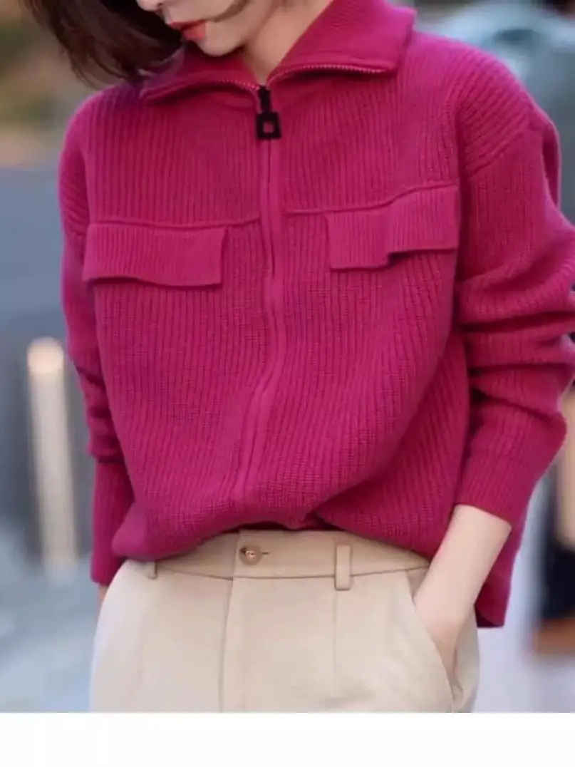 New 100% pure cashmere cardigan in autumn and winter women's POLO collar cashmere rose red coat knitted hooded sweater 3