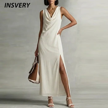 Elegant Summer Sling Maxi Dress Women Fashion Slim Sleeveless Split Up Party Dresses For Women Fashion Solid Evening Dress White 1