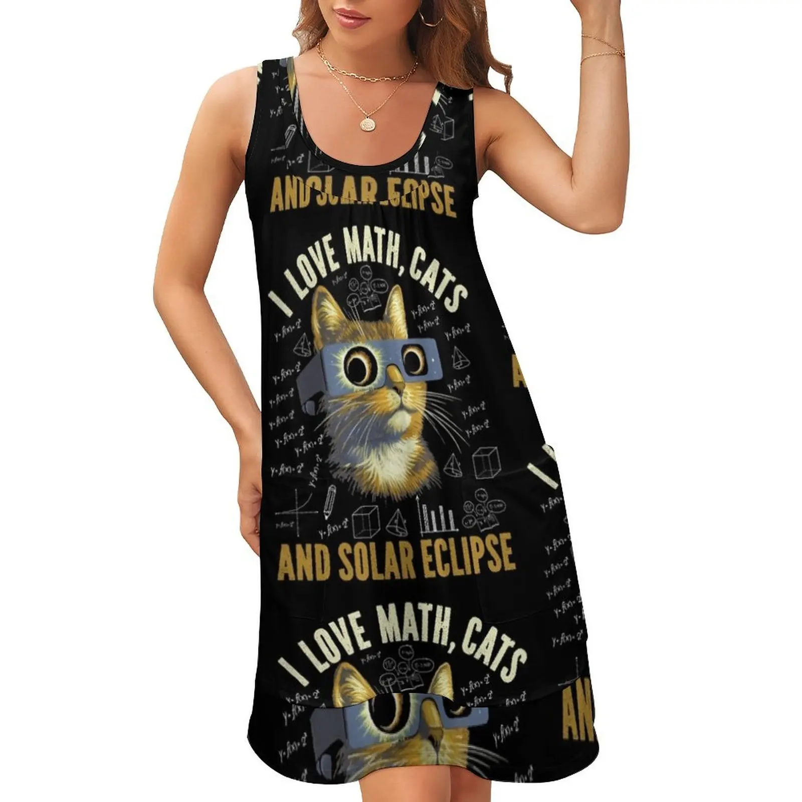 

I Love Math, Cats, Solar Eclipse Mathematics Pi Day Science Sleeveless U-Neck Fake Two Piece Dress Elegant gowns