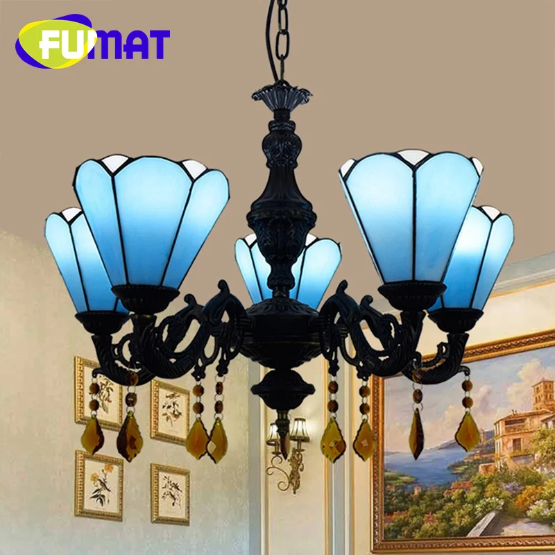 

FUMAT Tiffany style stained glass Blue Mediterranean 5 head crystal Pendant lamp Living room Dining room Bedroom hallway decor