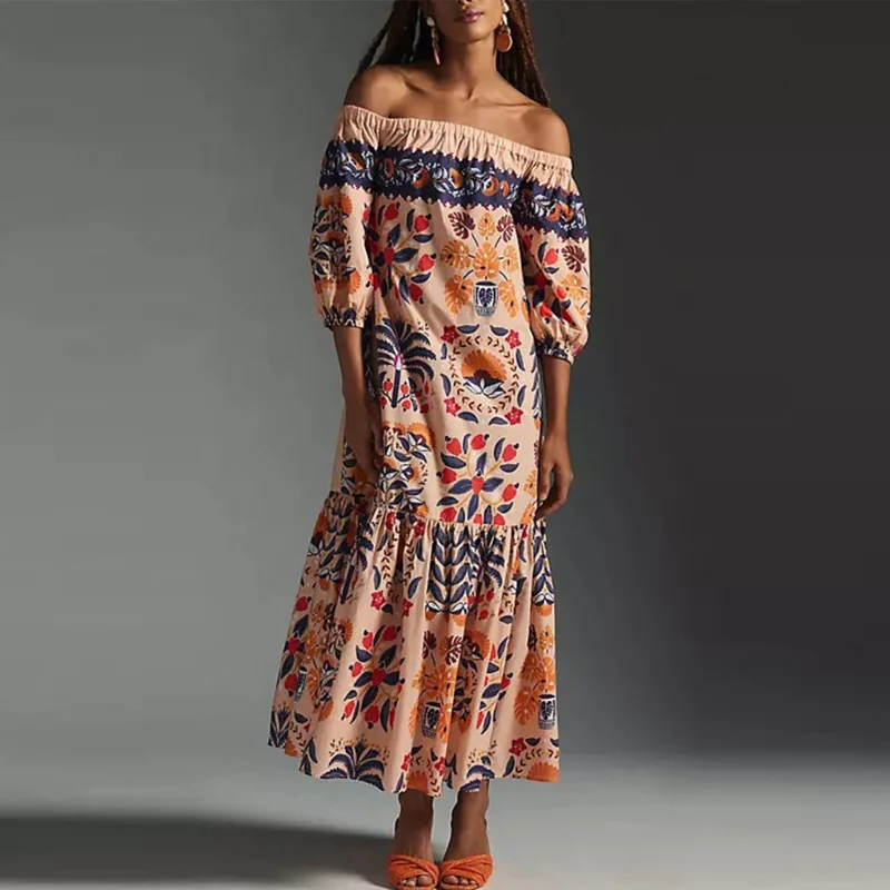 

Fashion Autumn Half Sleeve Women's Dress Female Casual Floral Print Loose Beach Dress Sexy Elegant Off Shoulder Long Party Dress