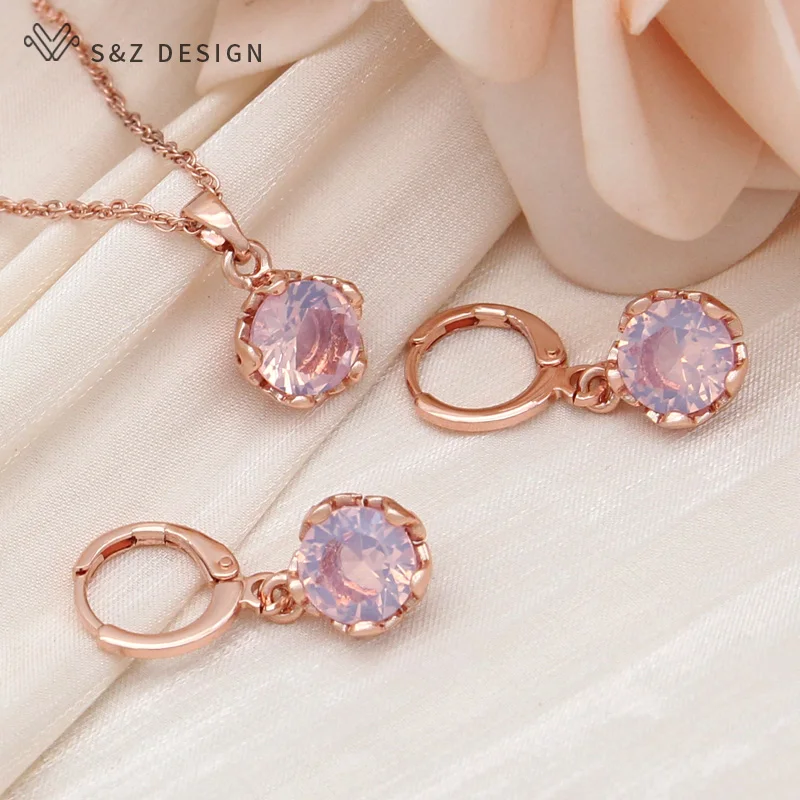 S&Z DESIGN New Trendy Cute Cubic Zirconia Round Flowers Dangle Earrings Jewelry Sets For Women Wedding Party Pendant Necklace