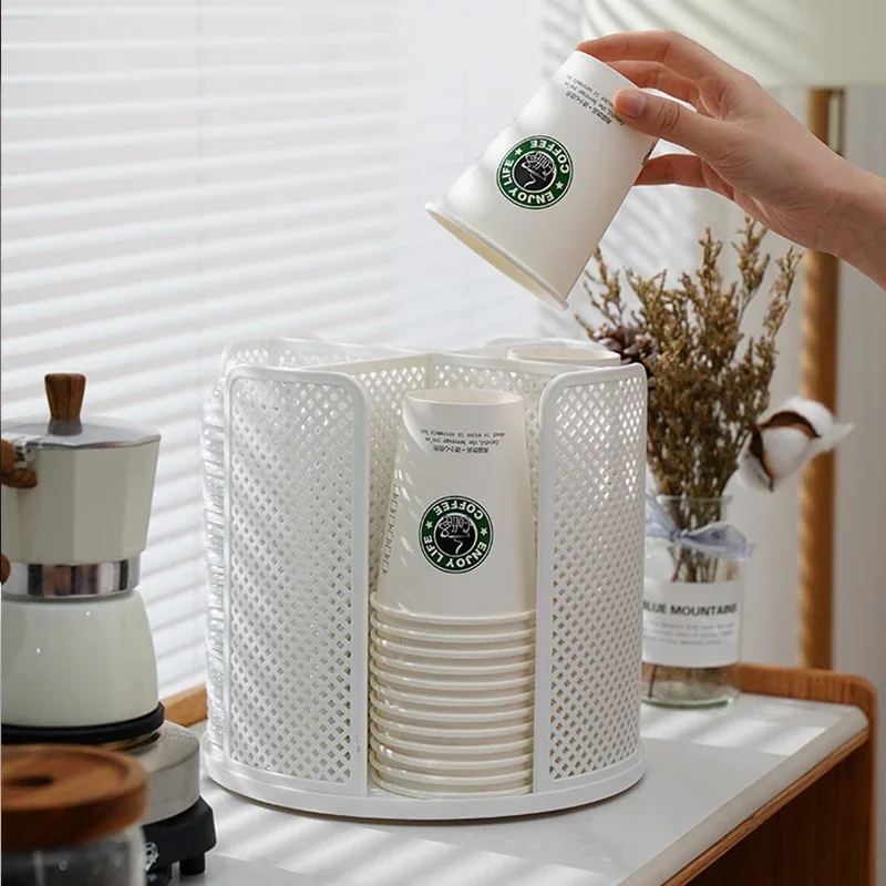 Multi-purpose Paper Cup Holder 360° Rotating Coffee Cup Caddy Organizer Desktop Disposable Cup Dispenser Cosmetic Storage Rack