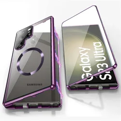 360° Protective Magnetic Metal Frame Phone Case with Lens Guard & Tempered Glass Cover for Galaxy S23 Ultra (PURPLE)