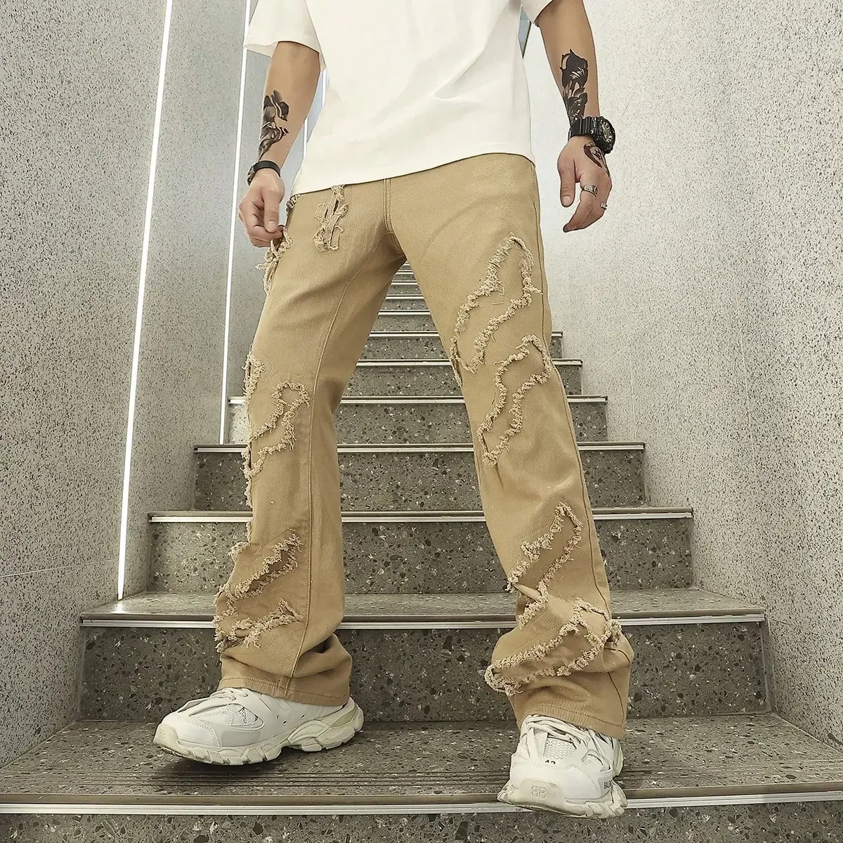 

Мужские Модные Винтажные потертые брюки в стиле пэчворк, цветные блочные джинсовые брюки, мужские повседневные брюки, рваные брюки