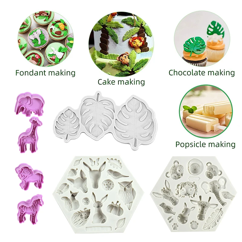 Fondant Animal Biscuit Mold Forest Jungle Green Turtle Leaf Cookie Stamp For Kids Wild One Birthday Party DIY Baking Cake Decor