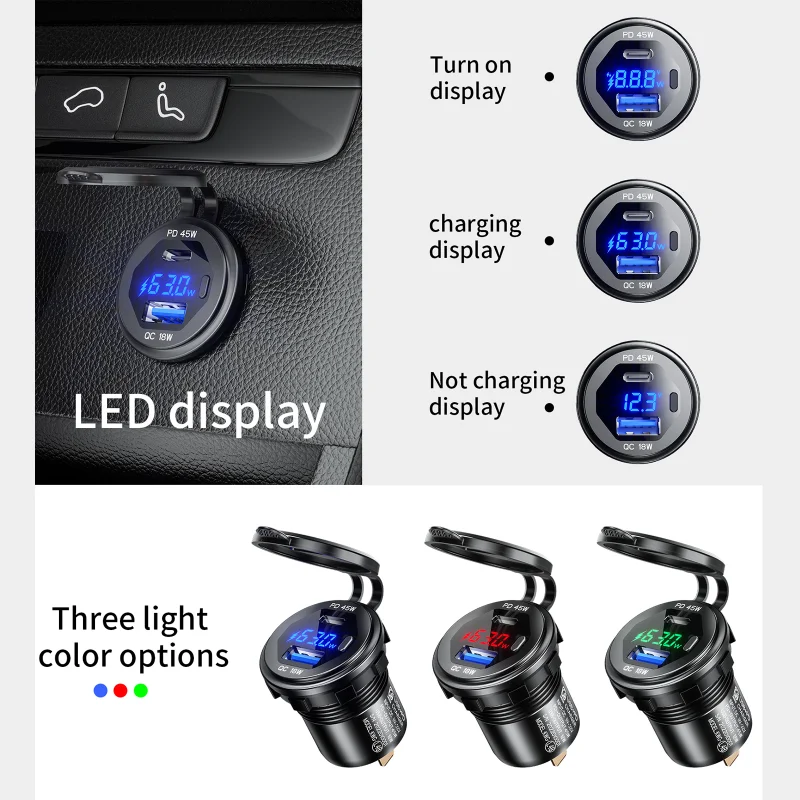 Aluminum Quick Charge 3.0 and PD Type C Dual USB Car Charger Socket 12V/24V 63W Dual USB Motorcycle Socket Power Outlet Charge car charger phone charger adapter car phone charger