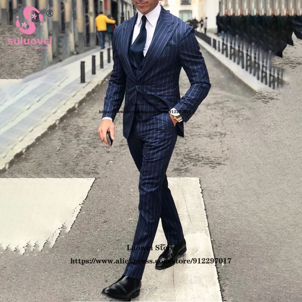 Classic Navy Blue Slim Fit Suits For Men Business 3 Pieces Pants Set Formal Grooms Wedding Peaked Lapel Tuxedos Blazer Masculino