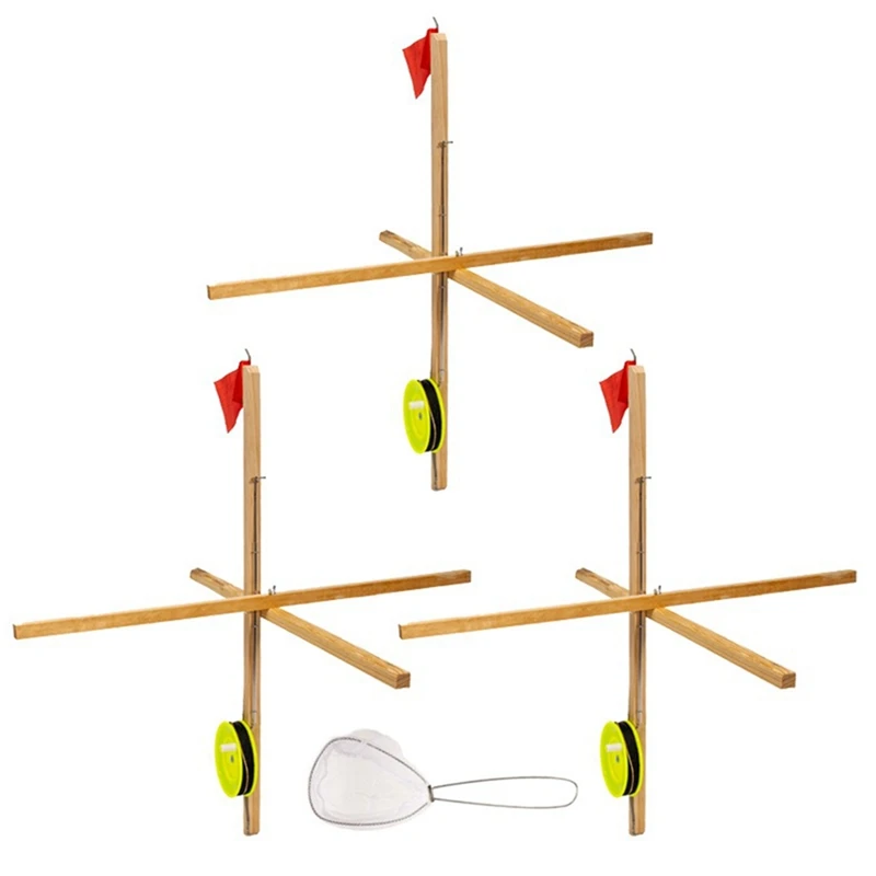 

Ice Fishing Rod Tip Up And Spoon Net, Folding Wooden Fishing Platform,Fishing Rod Flag Portable Fishing Tools Durable Wood Color