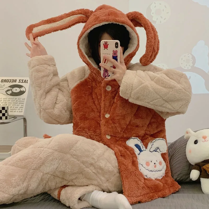 Women Pajamas Winter Three-layer Padded Sleepwear Suit Coral Velvet Warm Famale Super Thick Cotton Jacket Loungewear Set Pijama