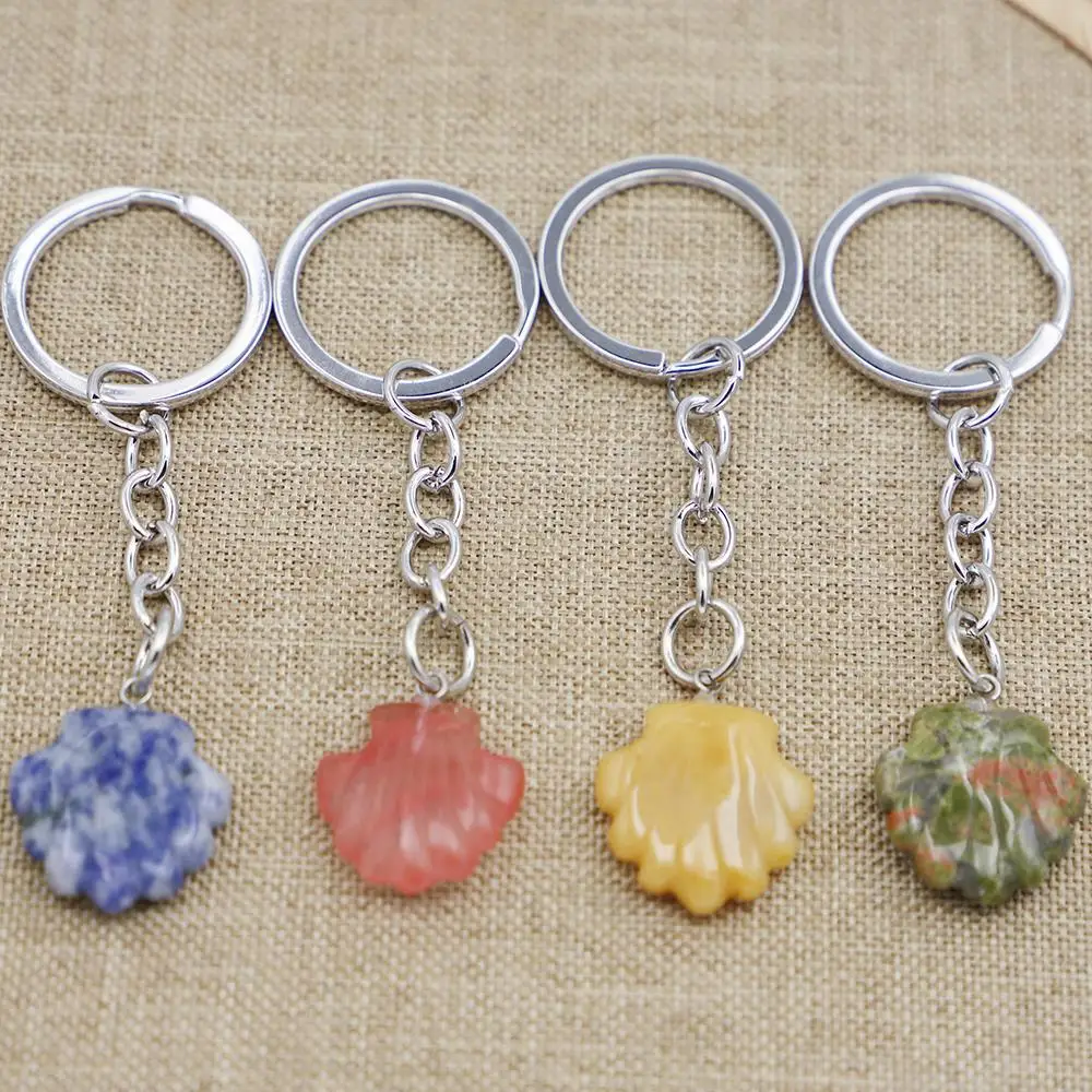 Creative Natural Stone Hand-carved Shell Keychain Irregular Pendant Keyring DIY Fashion Jewelry Gift Accessories Wholesale 4 Pcs