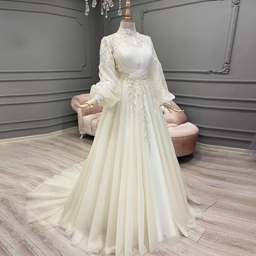 

Long Muslim Wedding Dresses For Women 2022 Lace Applique A-Line Wedding Gowns Tulle Beads Elegant Bride Dress vestidos de novia