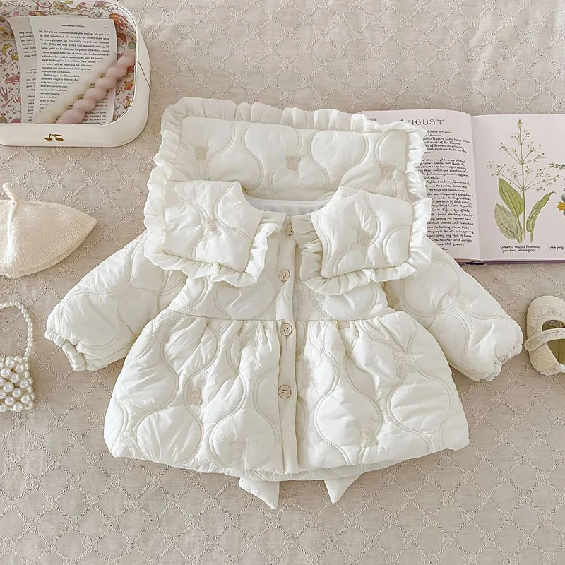 Autumn Winter Toddler Baby Girls Warm Parkas Turn Down Collar Big Bow Kids Girls Fleece Lining Jacket Coat