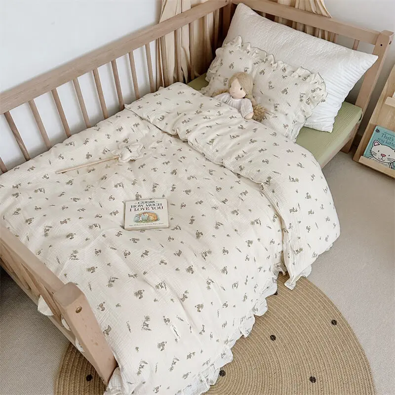 Children's Cotton Muslin Bedding Set with Floral Prints 3piece Toddler Bedding Sets