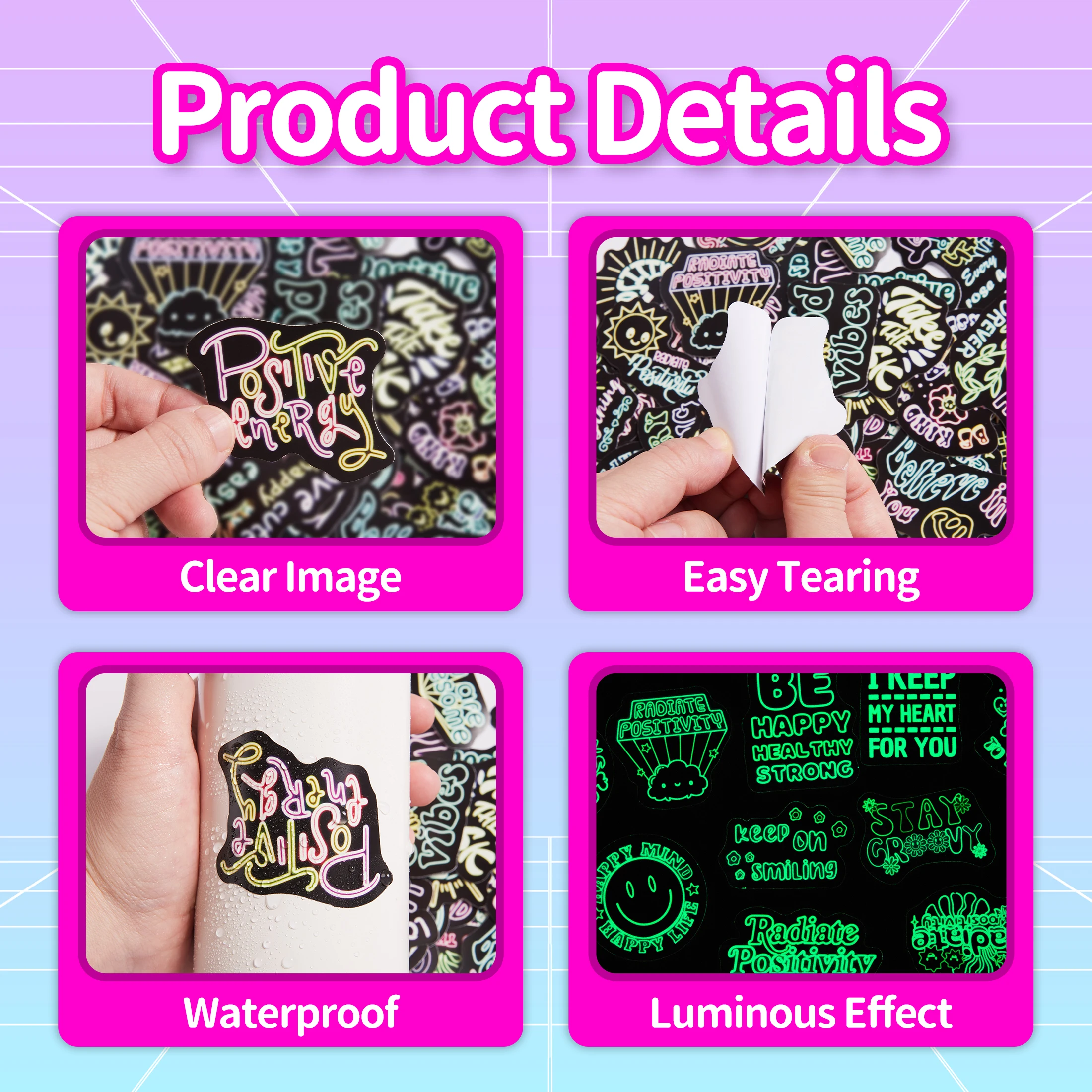50개 네온 긍정 문구 야광 스티커 방수 비닐 데칼 컴퓨터 휴대폰 장식 어린이 DIY 선물용