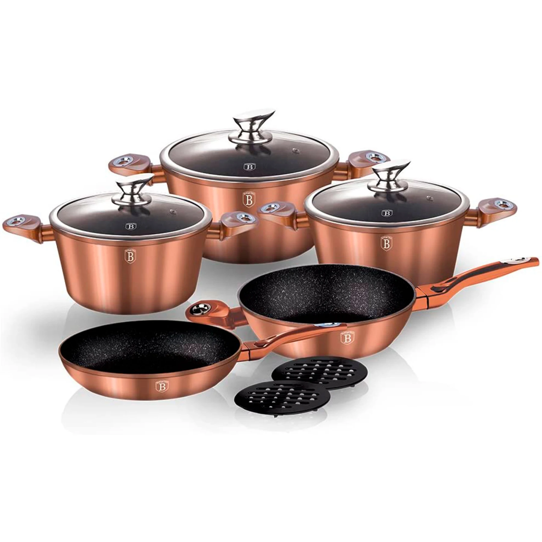 Berlinger Haus Rose Gold battery induction cooker 10 PCs non stick marble  without PFOA aluminum pan