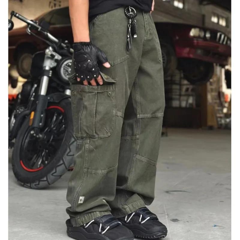 High Quality Washed Heavy Cargo Pants Men's Loose Straight Large Pocket Design Trousers