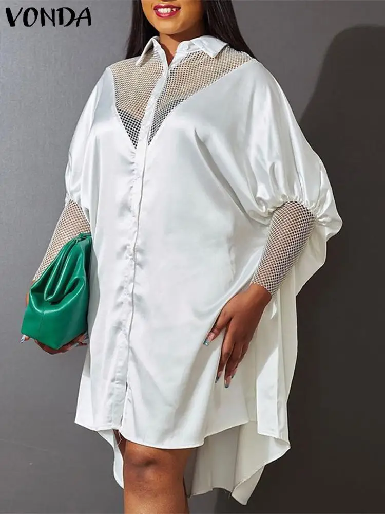 Primavera na Altura do Joelho Vestidos de Festa Vestido Feminino Vonda Vestidos Manga Longa Puff Retalhos Lapela Colarinho Botão Acima Oversized 9 Computers & Electronics