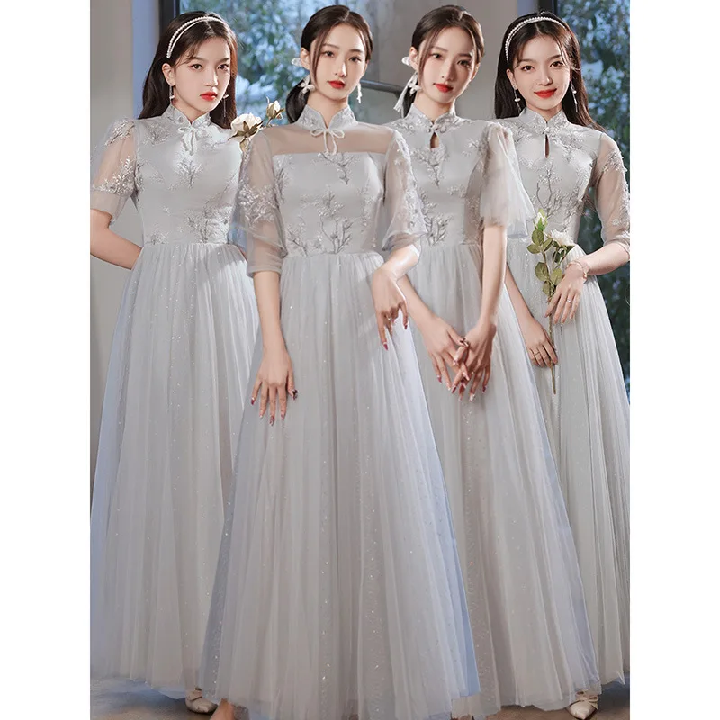 

Gray bridesmaid dress evening dress 2022 new spring Chinese wedding dress female long-sleeved bridesmaid dress
