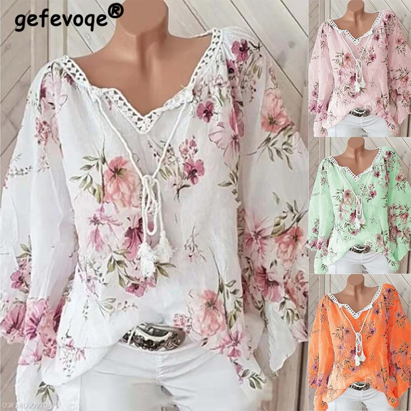 

Summer Floral Printed Vintage Elegant Fashion Woman Blouses 2022 Tops Patchwork Loose Drawstring V-Neck Vacation Oversized Shirt