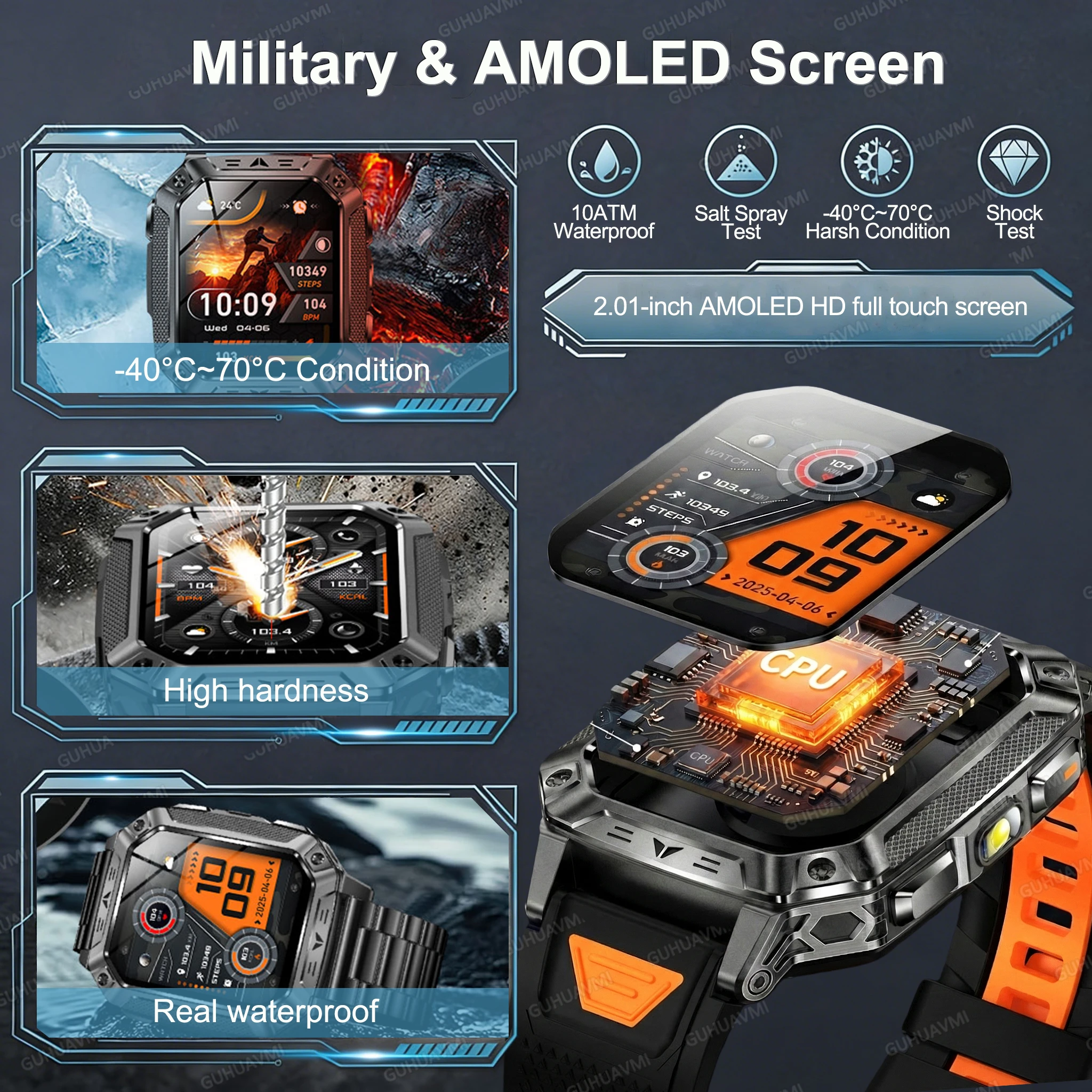 2026 Military 1400mAh Battery Smart Watch Adult Men Bluetooth Call AMOLED Screen Heart Rate 10ATM Waterproof Swim SmartWatches 5