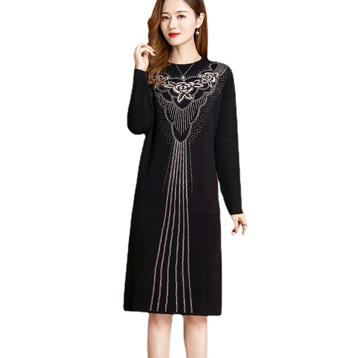 

Women's Black Thick Sweater Dresses Mother's Knitted Dress Autumn and Winter Thick Knitting Dresses dis5
