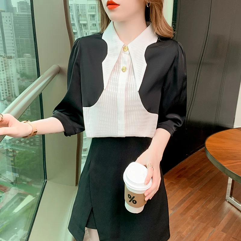 

Chiffon Women's Shirts Summer 2023 New Patchwork Casual Blouses Polo Neck Ladies Clothing Loose FASHION Short Sleeves Tops