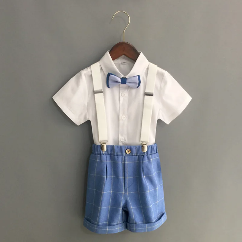 Summer Boys Strap Dress Suit Set New Children's Kindergarten Performance Piano Host Costume Kids Shirts Shorts Bowtie Clothing kids clothes