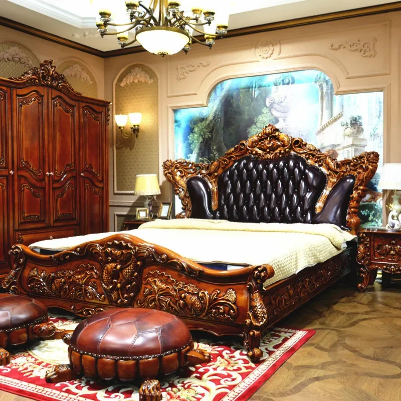 

European Luxury Leather Bed 2x2.2m Leather Art Wedding Bed Double Bed American Villa Solid Wood Carved Living Room