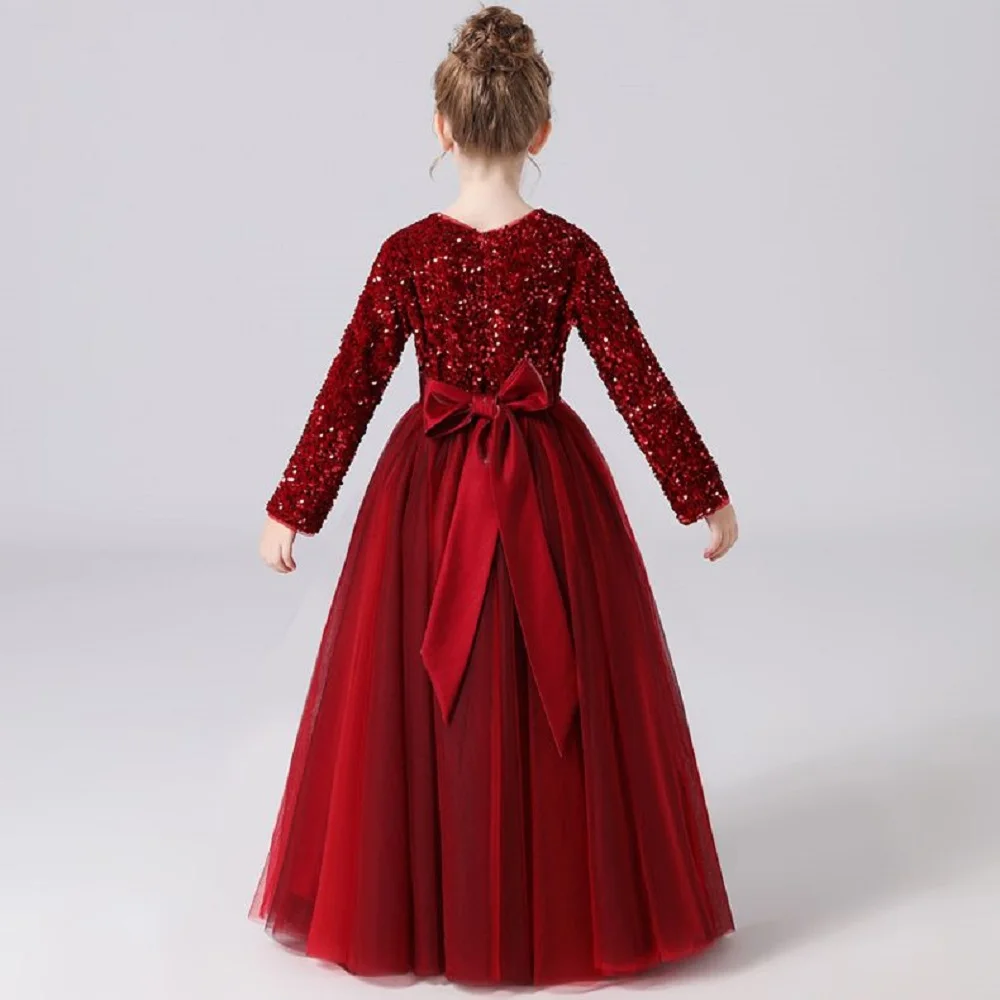 Dideyttawl Glitter Sequins Long Sleeves Flower Girls Dresses For Wedding Birthday Party Christmas