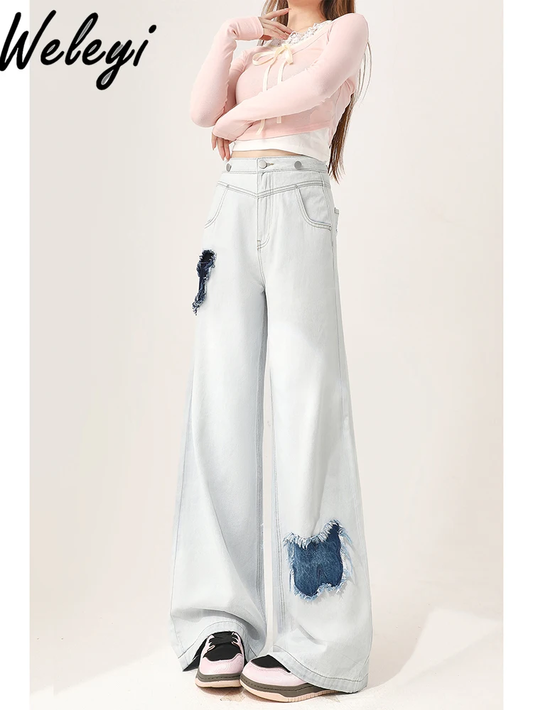 Sweet Versatile Jeans 2024 Women Spring and Autumn Cute New Light Butterfly Edge High Waist Wide Straight Leg Fashion Long Pants