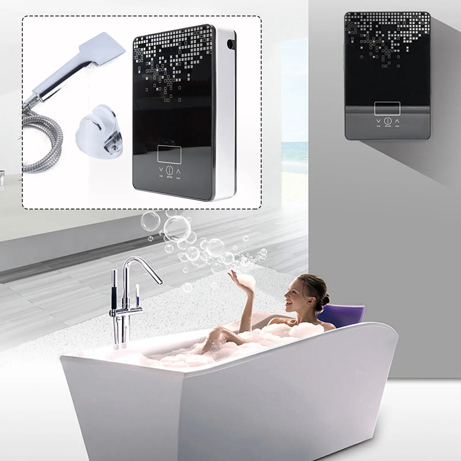 220V Instant Hot Water Heater Tankless Electric Shower Boiler with Show Head Kit 6500W Bathroom Kitchen Use